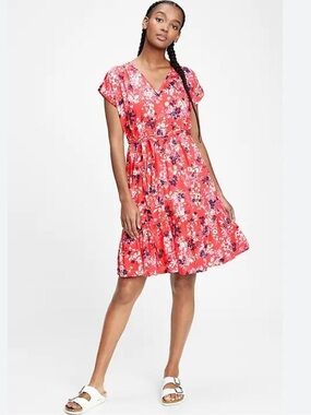 Gap Red Floral V-Neck Short Sleeve Mini Summer  Dress Cotton S